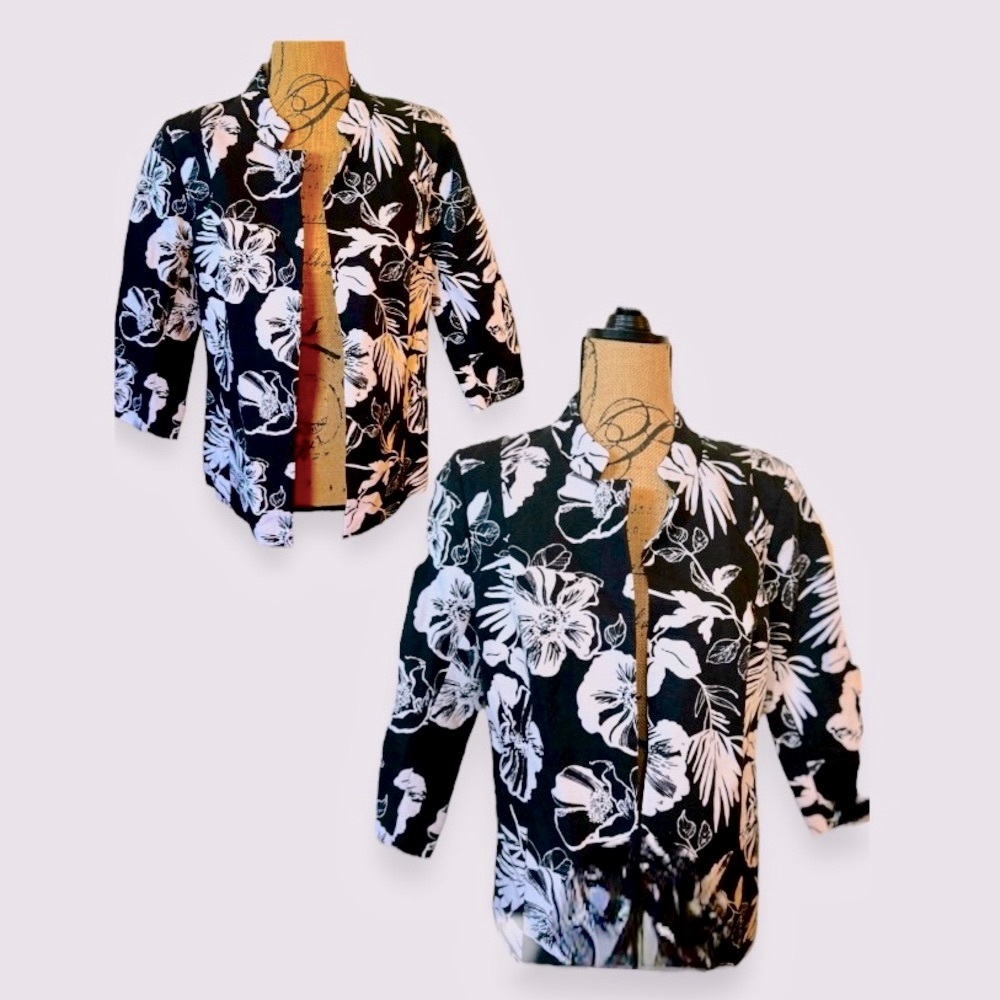 SILKLAND OPEN FRONT Black & White Floral BLAZER JACKET S Large NWOT Vintage